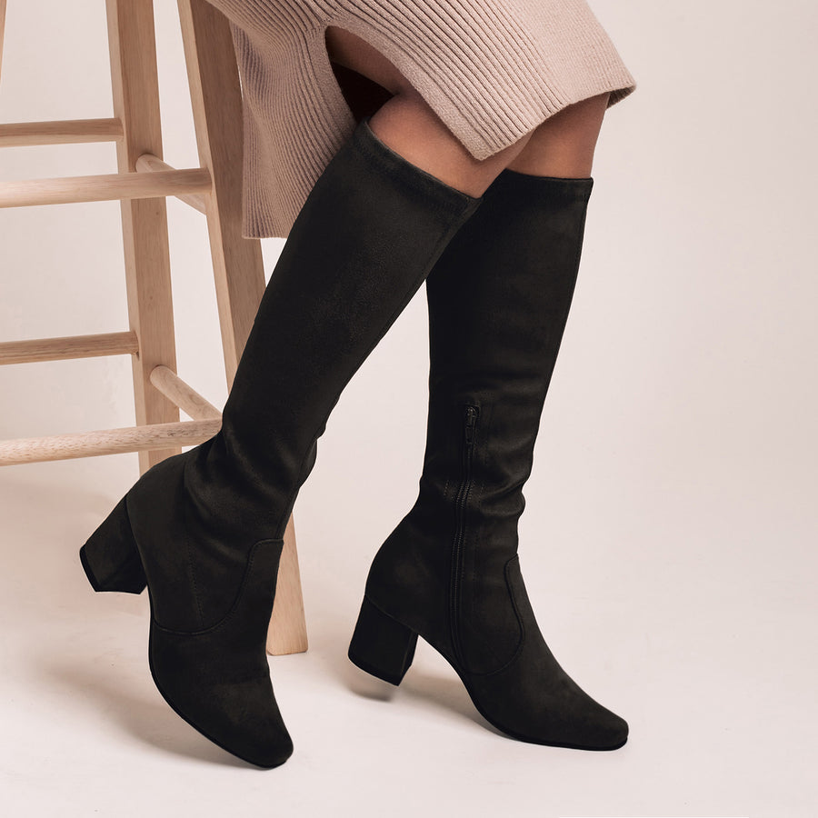 Slim-Calf Knee-High Boots in taupe, starting in size 4.