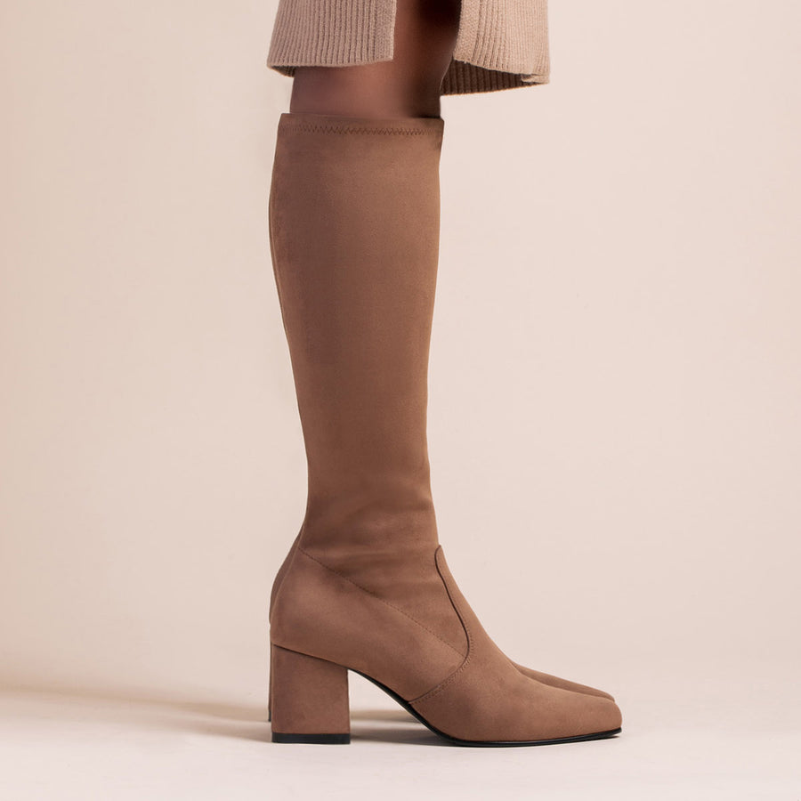 Slim-Calf Knee-High Boots in taupe, starting in size 4.