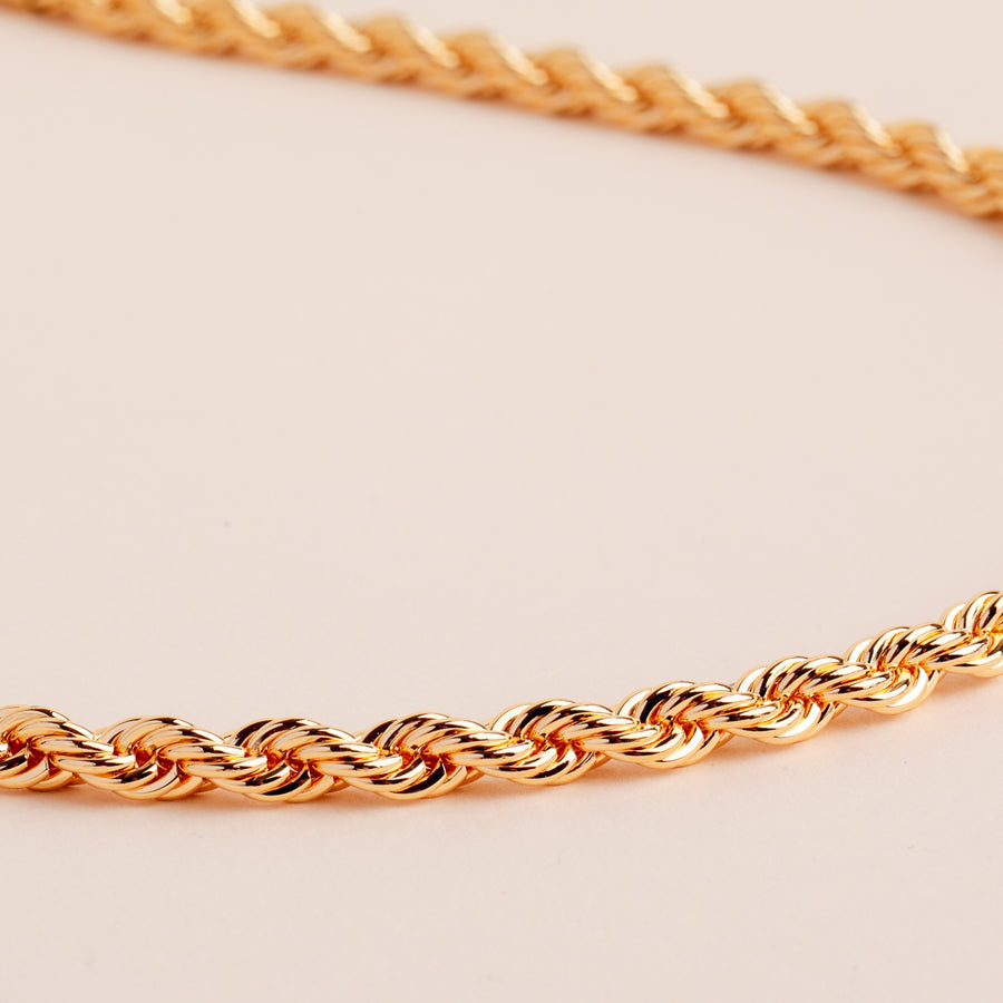 A gold rope chain necklace, made in the USA