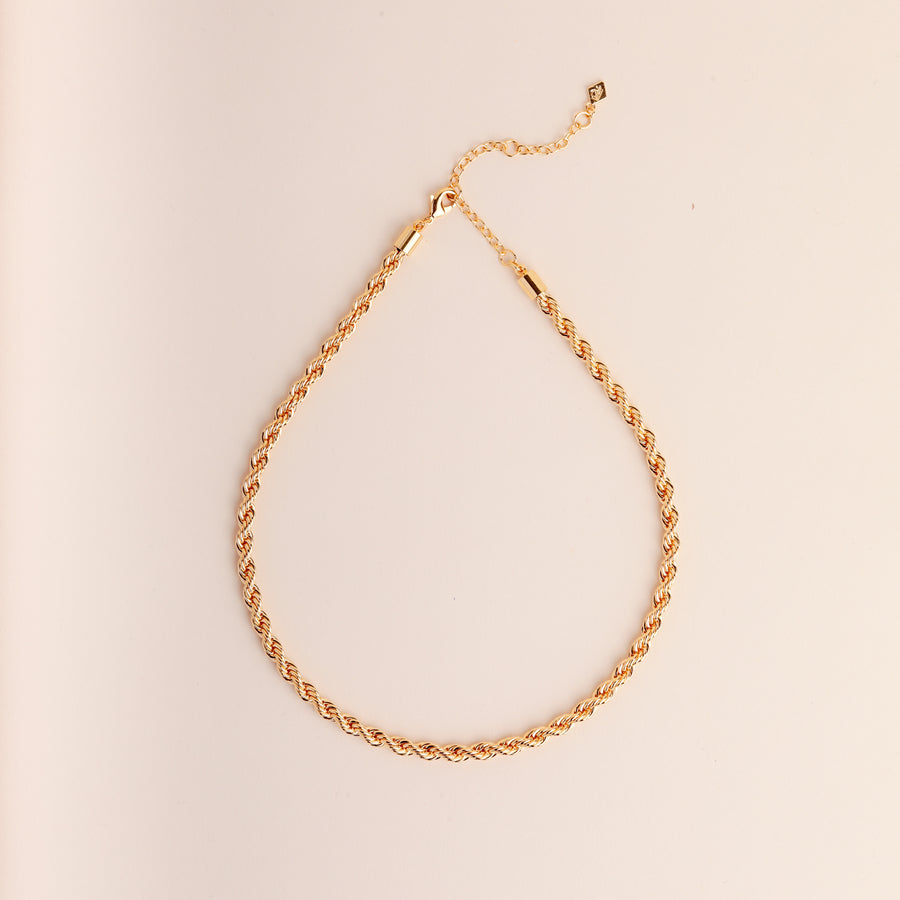 A gold rope chain necklace, made in the USA